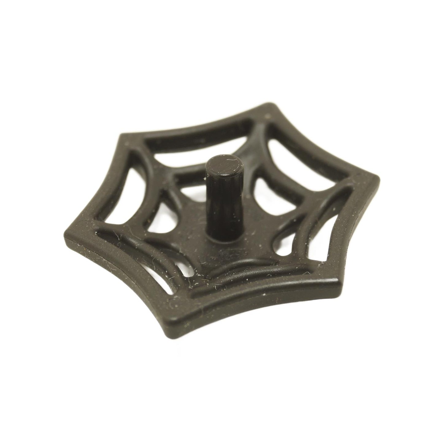 A black medium-sized LEGO minifigure web effect piece with a bar on the back for attachment.