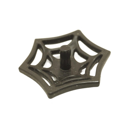 A black medium-sized LEGO minifigure web effect piece with a bar on the back for attachment.