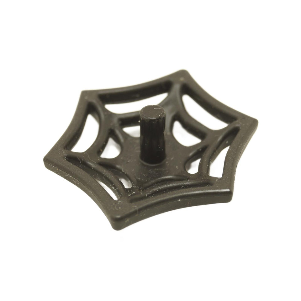 A black medium-sized LEGO minifigure web effect piece with a bar on the back for attachment.