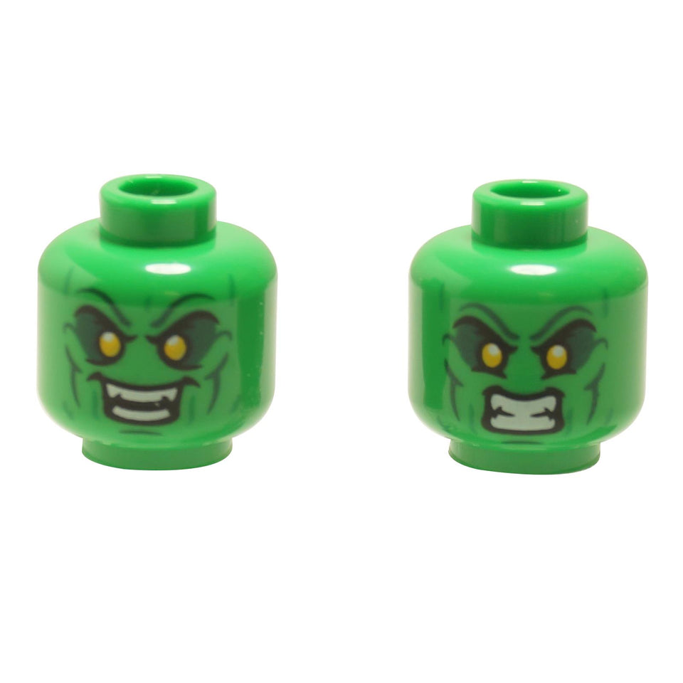  bright green LEGO minifigure heads with angry and snarling expressions, featuring yellow eyes.