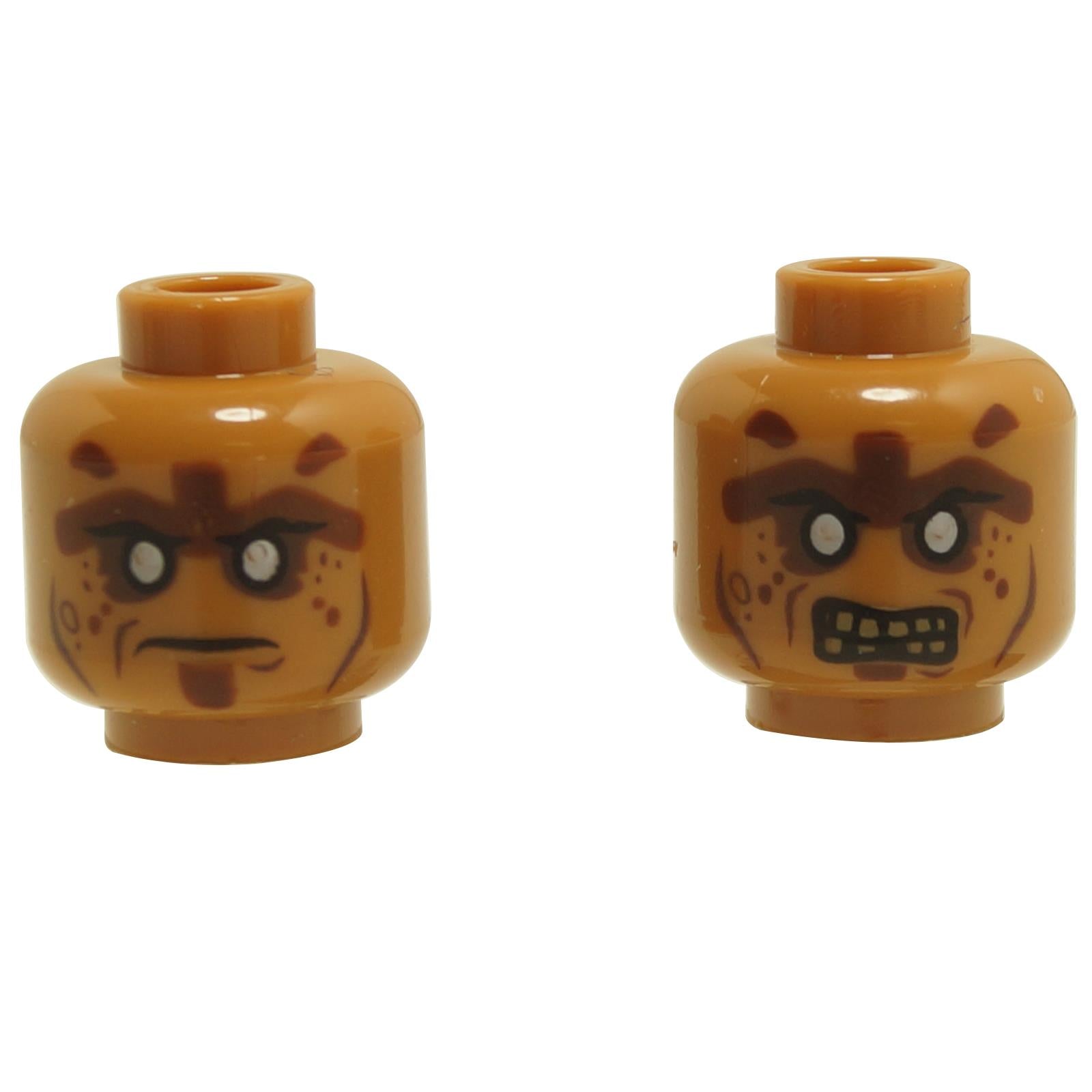 LEGO minifigure heads with dual-sided prints featuring an alien scowl on one side and a zombie snarl on the other, in medium nougat color.