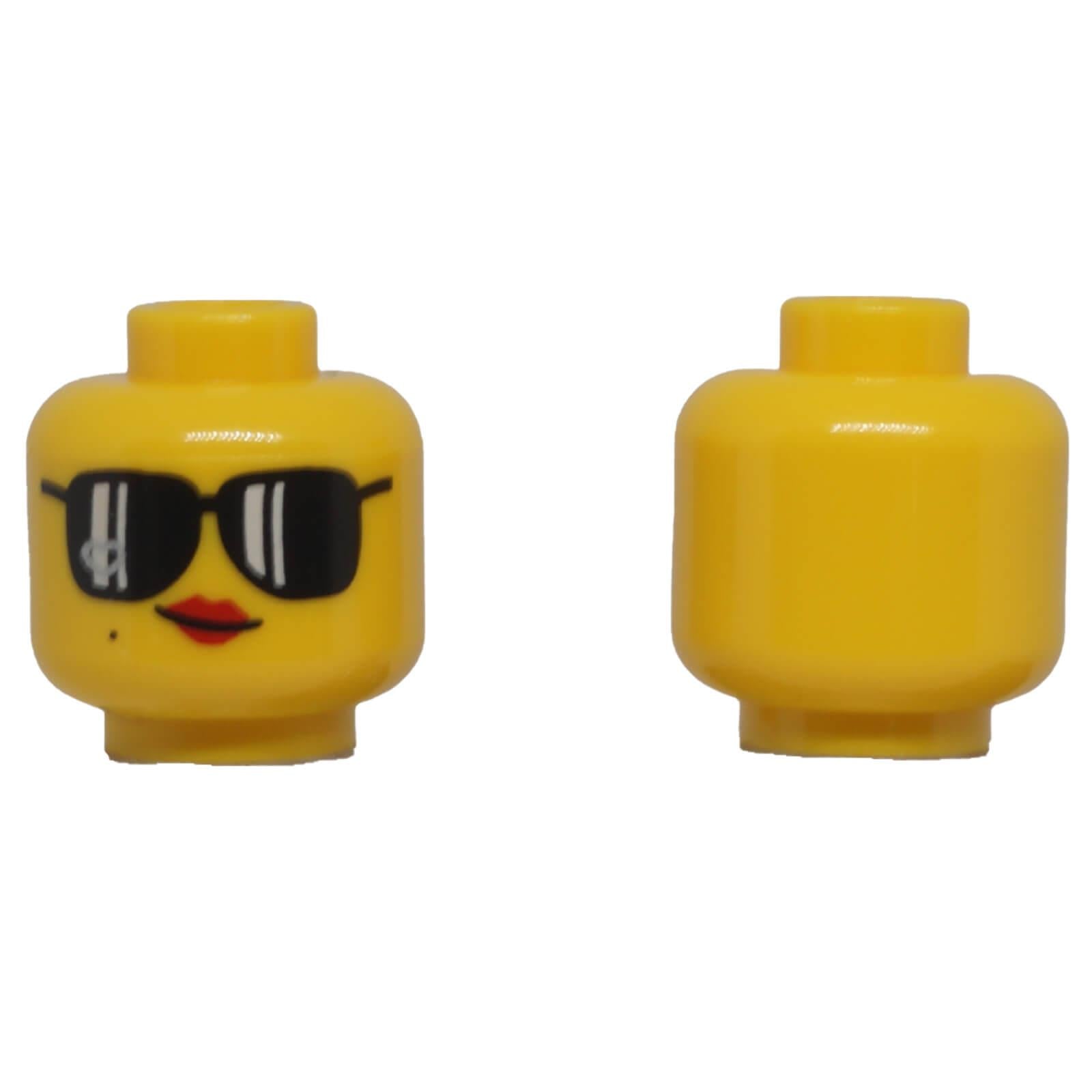 LEGO® classic yellow minifigure head with black sunglasses, red lips and plain reverse side.