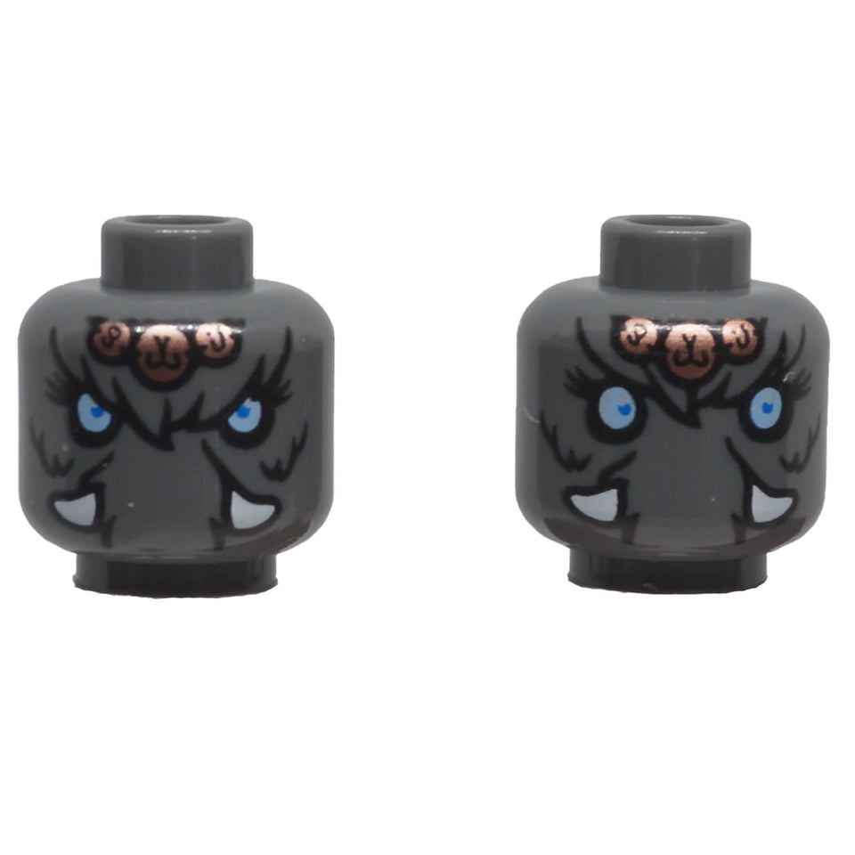 LEGO® dark bluish grey dual-sided mammoth minifigure head with bright light blue eyes, white tusks, fur detailing and copper pendant decoration.