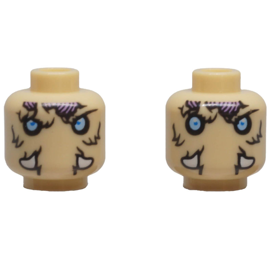 LEGO® dual-sided mammoth minifigure head with bright light blue eyes, white tusks, fur detailing and medium lavender forehead patches.