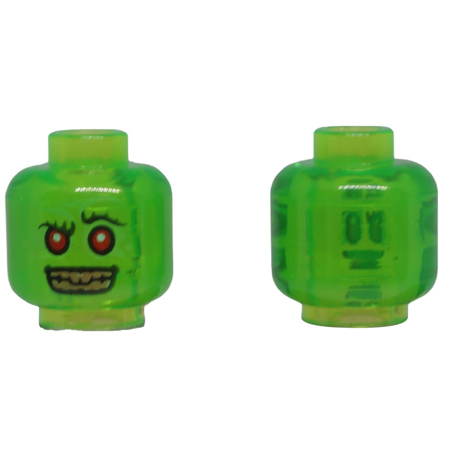 LEGO® translucent bright green zombie minifigure head with red eyes, uneven teeth and ghostly reverse facial print.