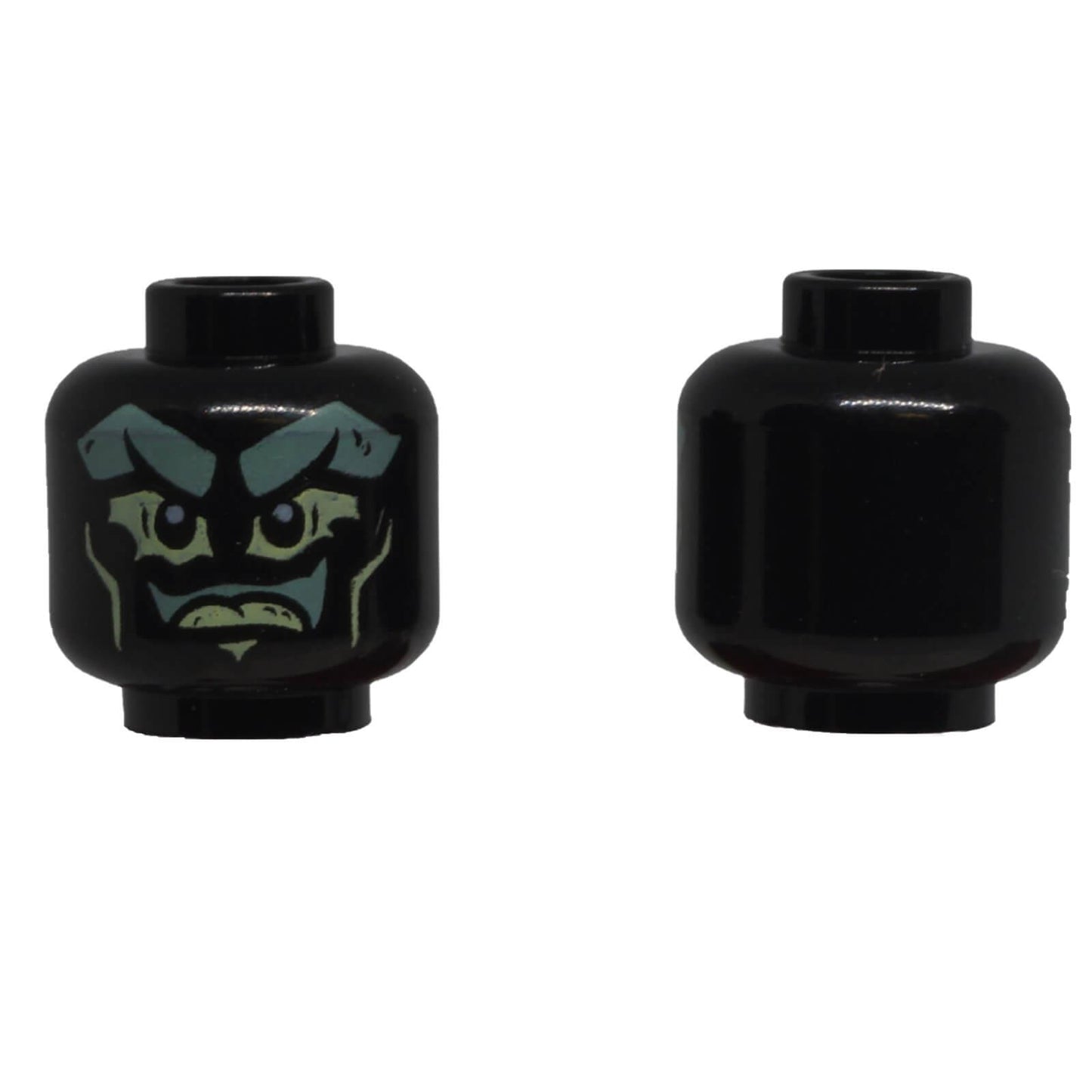 LEGO® black minifigure head with sand green ghost face, yellowish green eyes and stern expression.