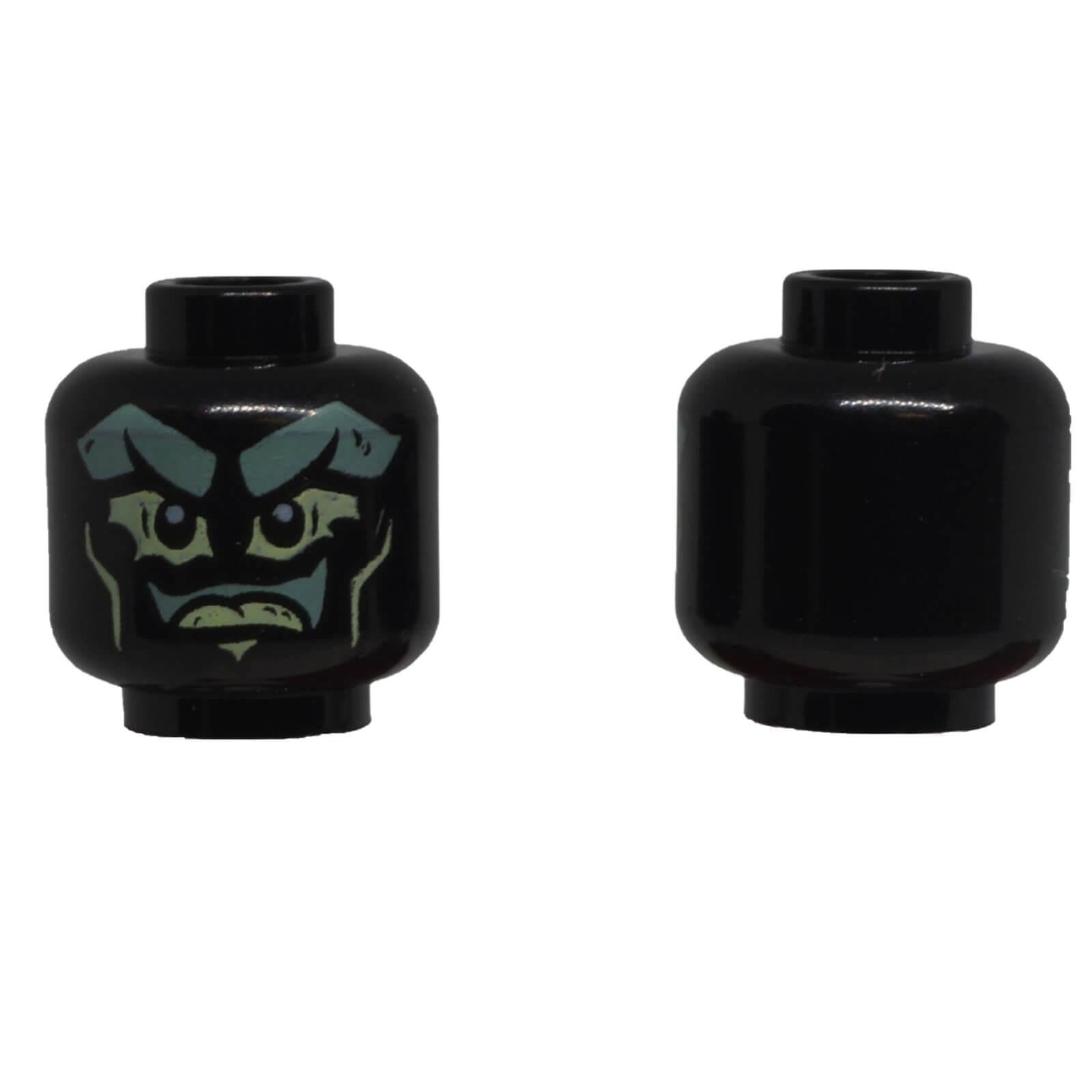 LEGO® black minifigure head with sand green ghost face, yellowish green eyes and stern expression.