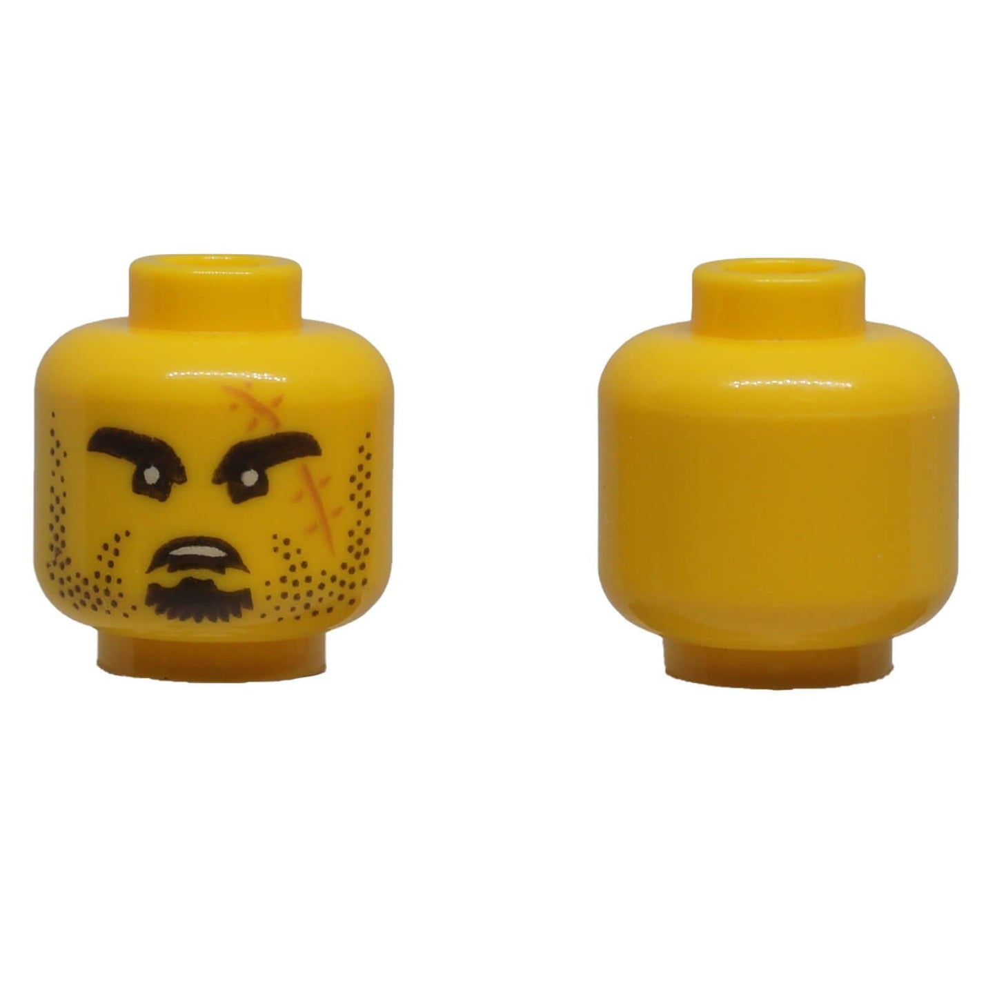 LEGO® classic yellow minifigure head with black goatee, heavy stubble, thick eyebrows and a stitched facial scar.