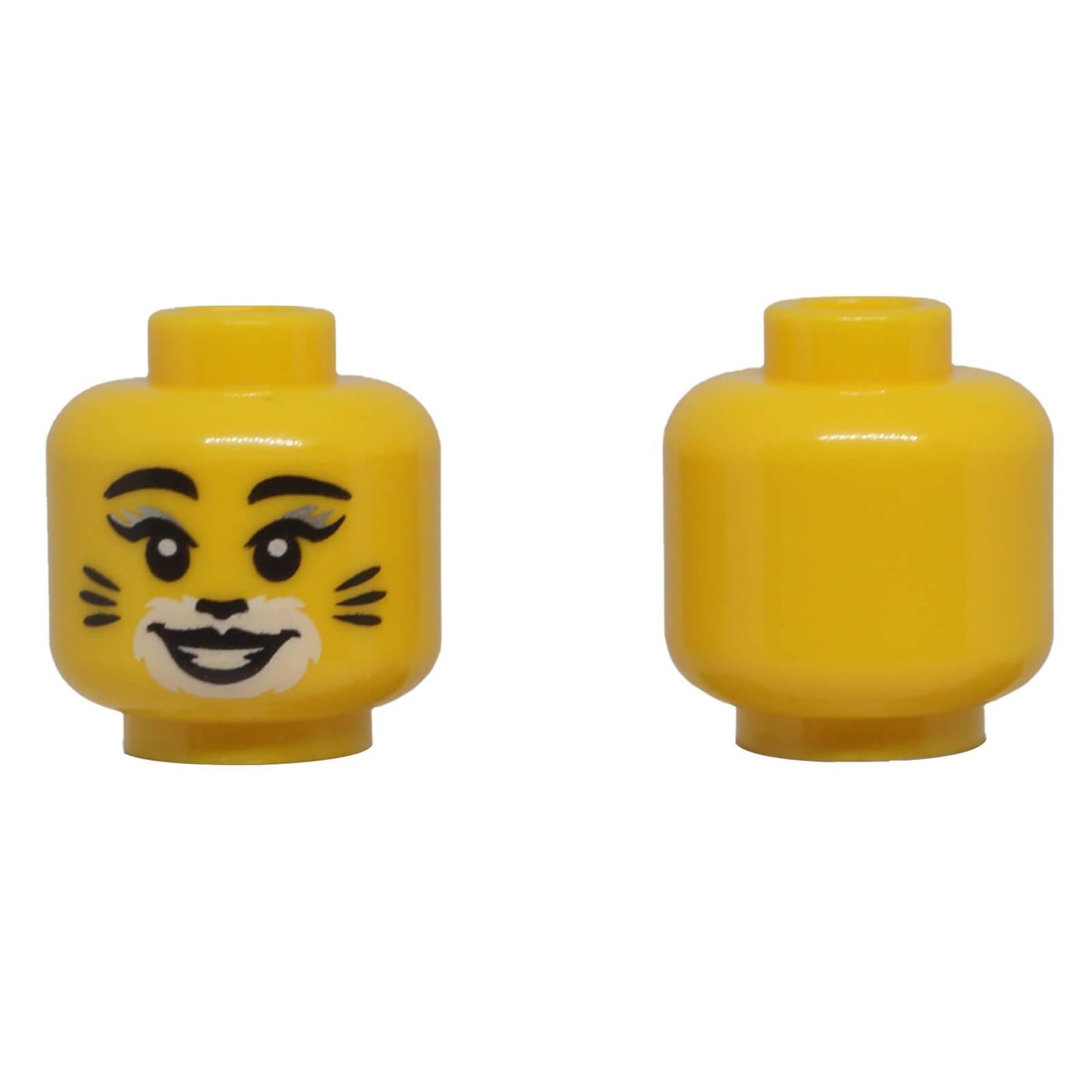 LEGO® classic yellow minifigure head with cat makeup, whiskers, white muzzle and smiling expression.