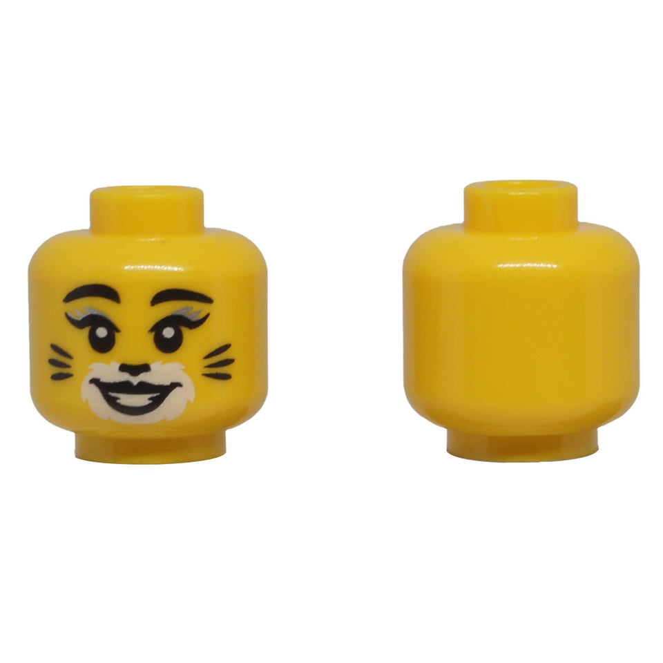 LEGO® classic yellow minifigure head with cat makeup, whiskers, white muzzle and smiling expression.