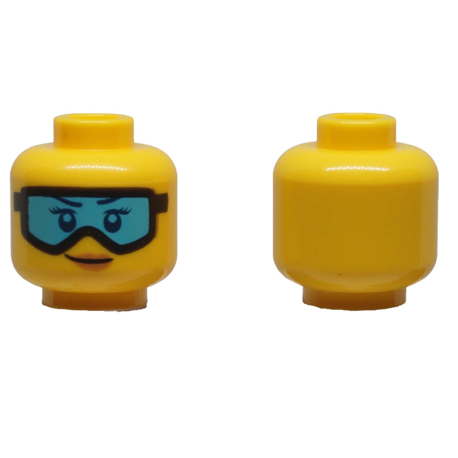 LEGO female minifigure head 3626pb2139 with black ski goggles and Medium Azure lens
