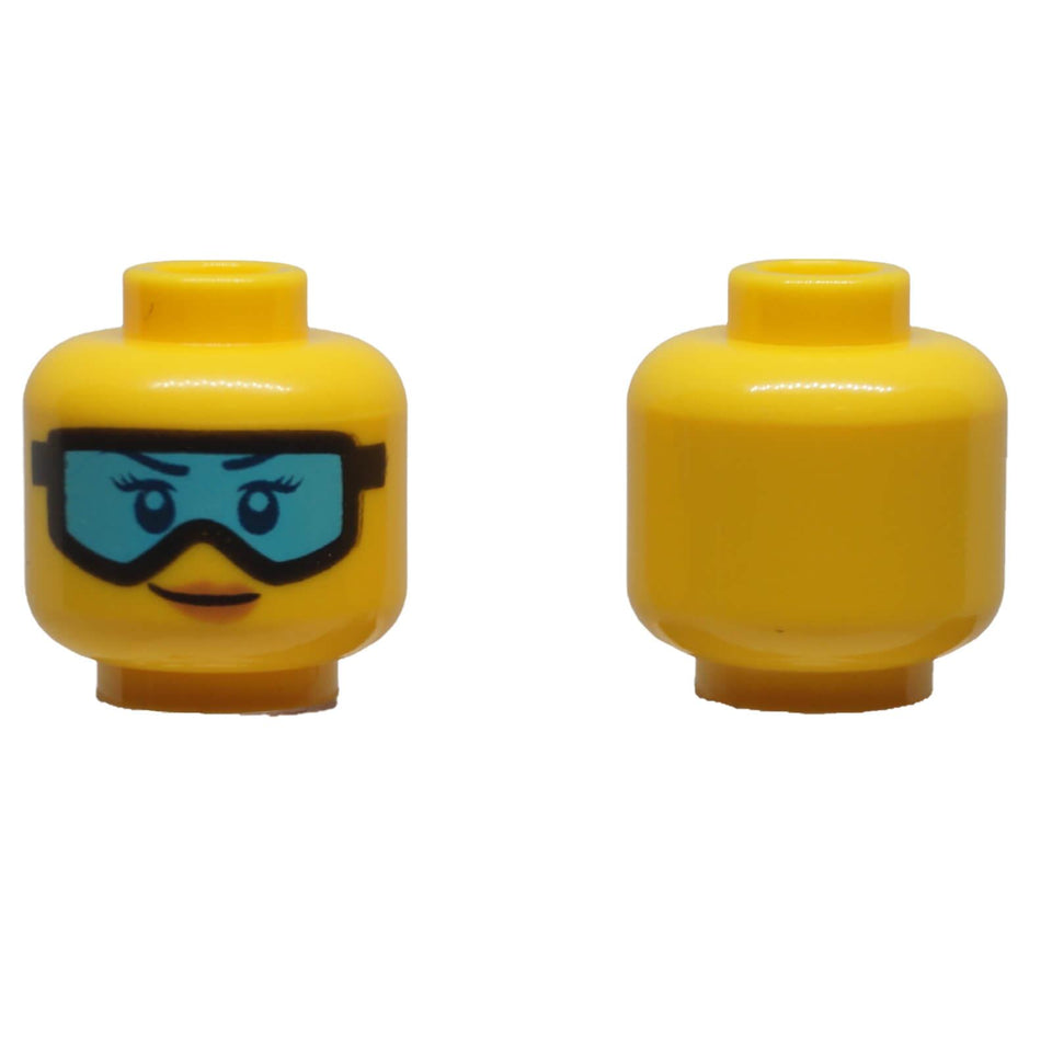 LEGO female minifigure head 3626pb2139 with black ski goggles and Medium Azure lens
