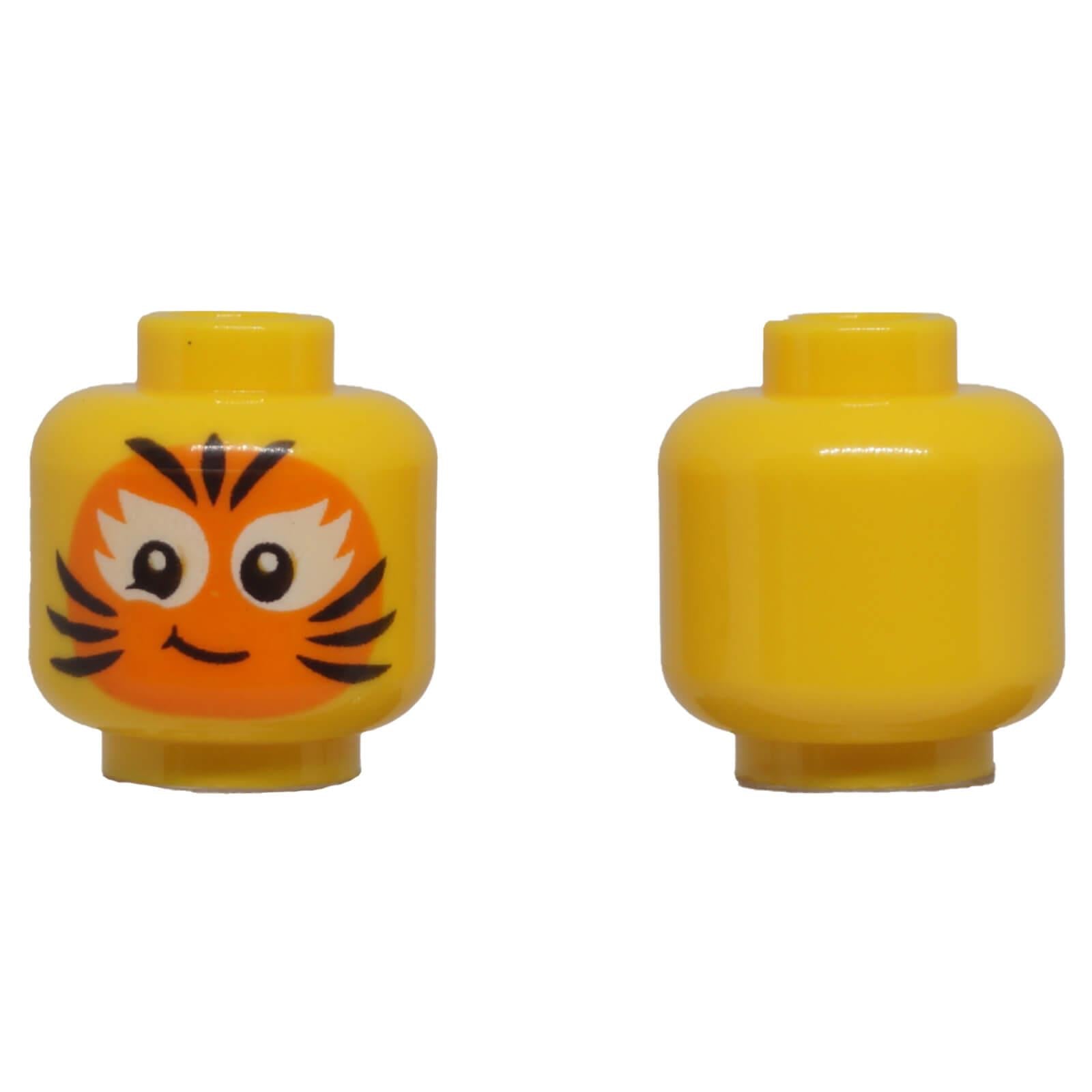 LEGO® classic yellow child minifigure head with orange cat face paint, black whiskers and smiling expression.