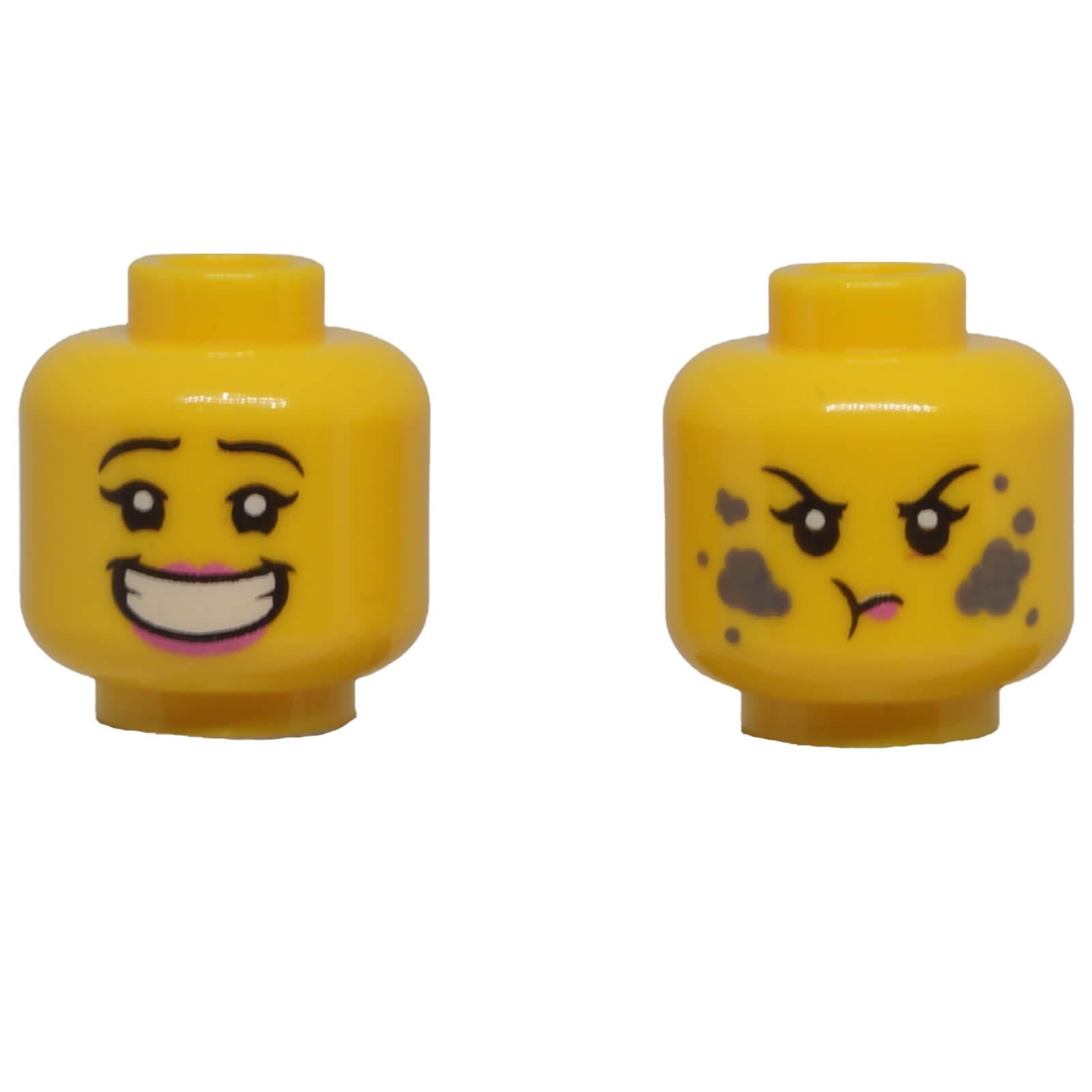 LEGO® classic yellow dual-sided female minifigure head with smiling face and angry dirt-marked expression.