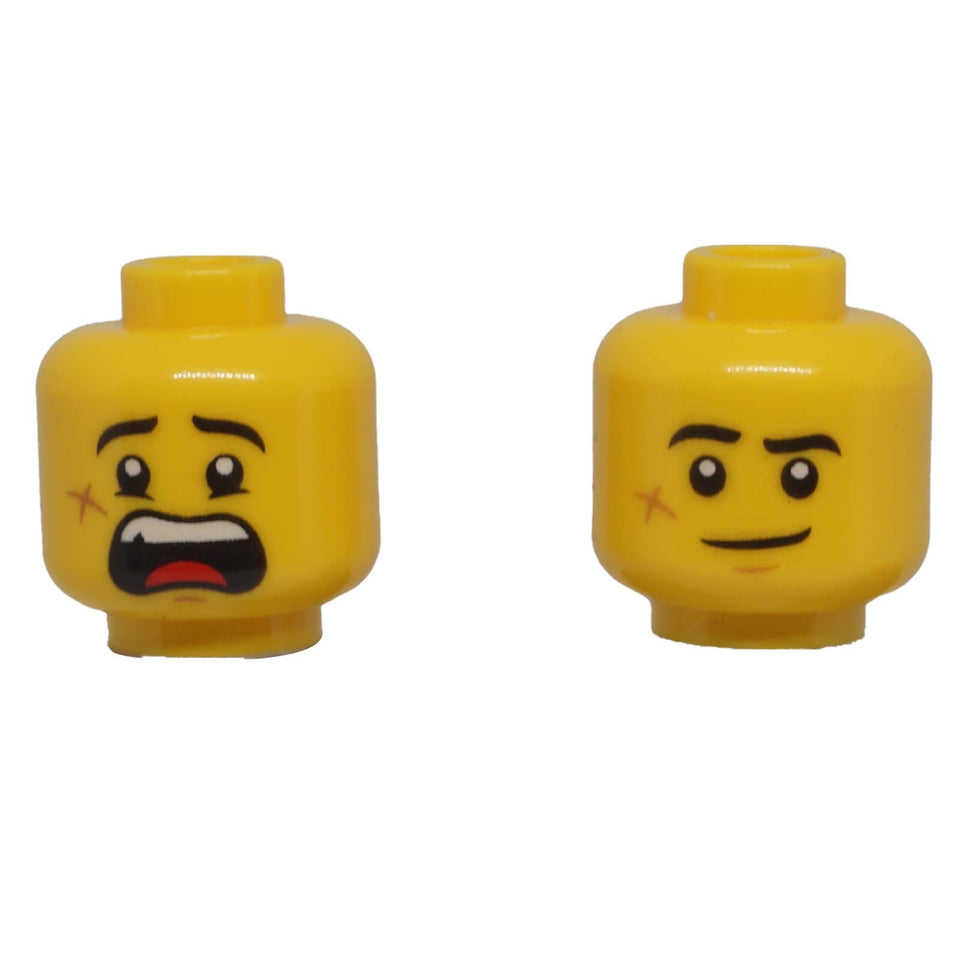 LEGO® classic yellow dual-sided minifigure head with scared expression, relaxed smile and small cheek scar.