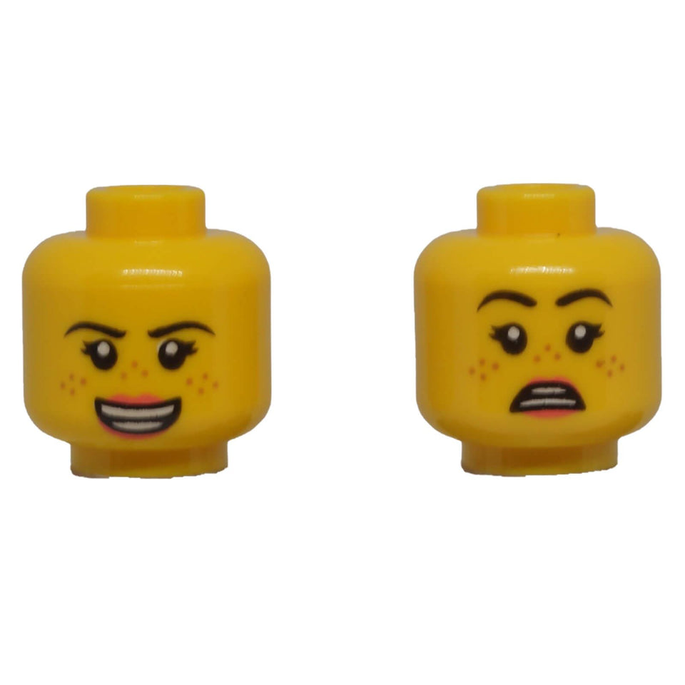 LEGO® classic yellow dual-sided female minifigure head with freckles, smiling expression and surprised reverse face.