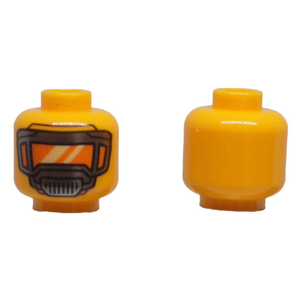 LEGO® minifigure head with pearl dark gray protective mask and bright orange visor print.