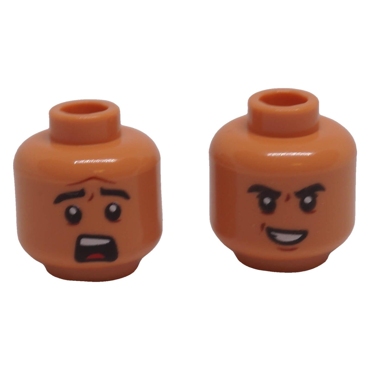 LEGO® 3626pb2639 nougat dual-sided minifigure head with black eyebrows, dark orange furrows, evil smile and scared expression