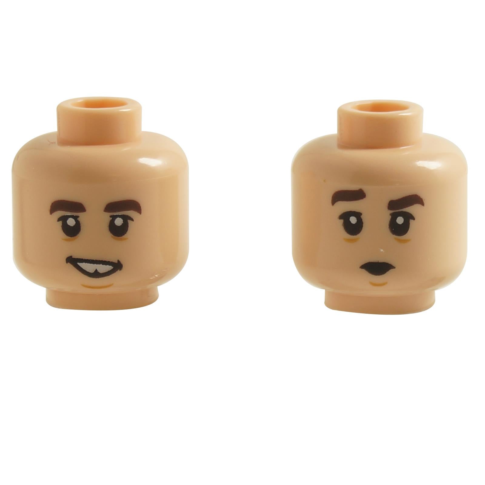 Light flesh minifigure head 3626pb2653 with dual-sided print showing smile with tooth gap on one side and puckered lips on the other