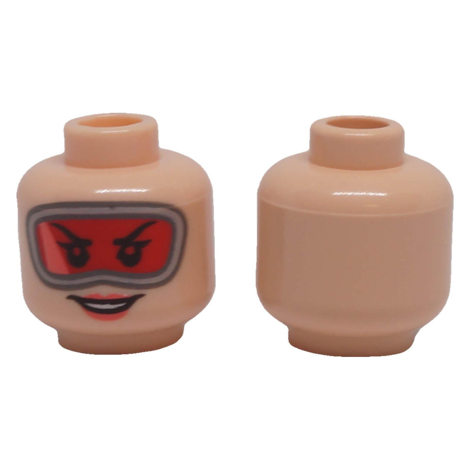 LEGO® 3626pb2943 light nougat female minifigure head with large red goggles, coral lips and open smile