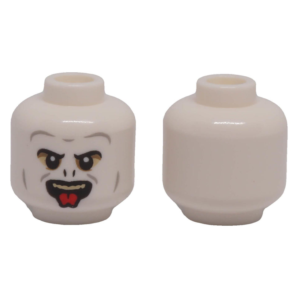 LEGO® 3626pb3107 white Voldemort minifigure head with black eyebrows, nose slits, tan teeth, red tongue and light bluish gray facial contours