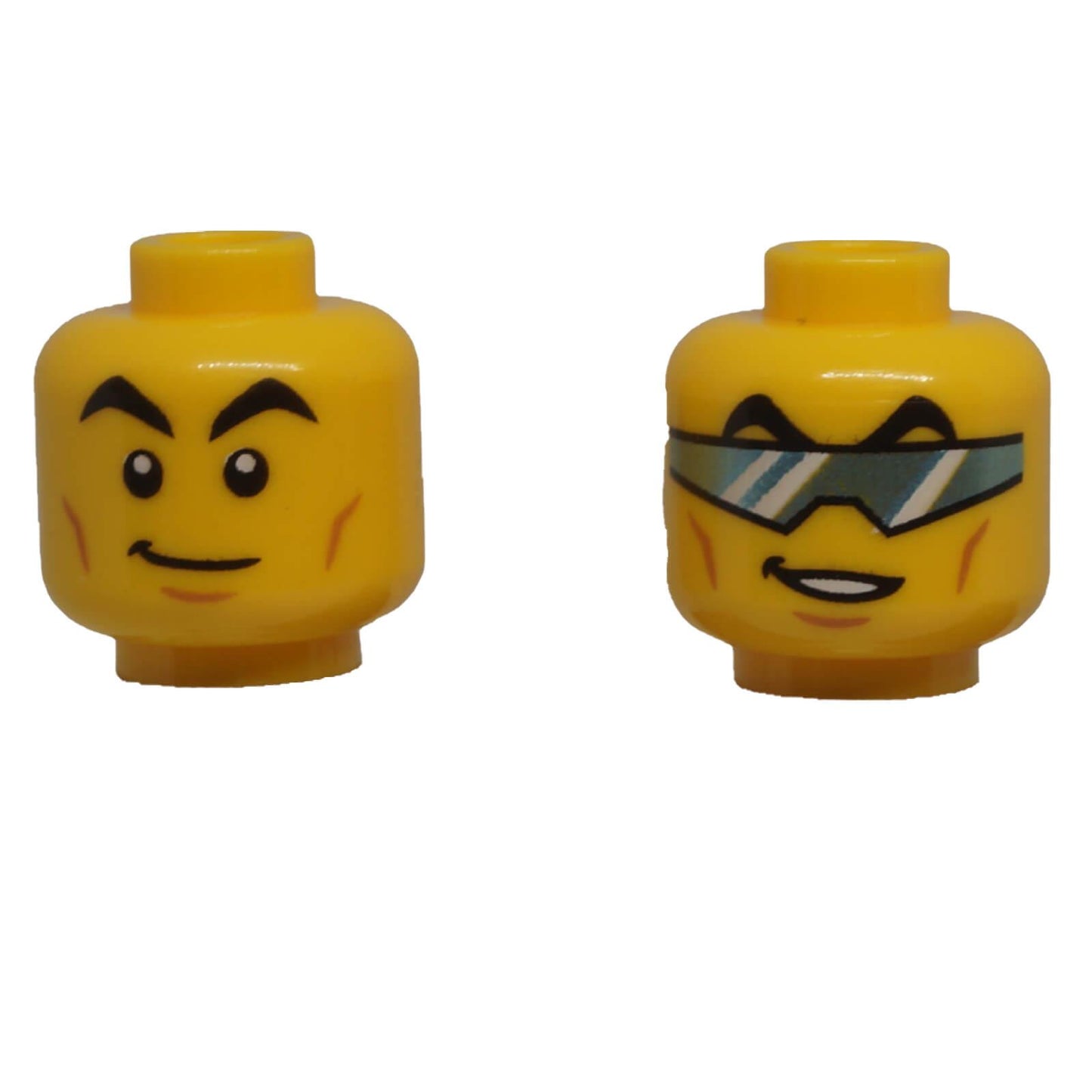 LEGO® classic yellow dual-sided minifigure head with relaxed smile and metallic light blue visor glasses.