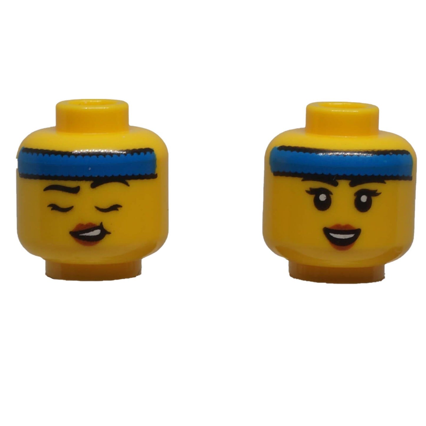 LEGO® classic yellow dual-sided female minifigure head with blue headband, smiling face and playful closed-eye grin.