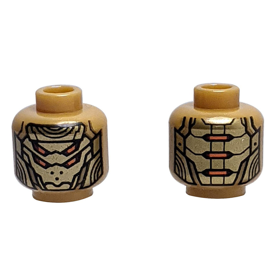 Testa del Robot Alieno LEGO Part Minifigura con Piastra d'Oro - Vista Dettagliata.