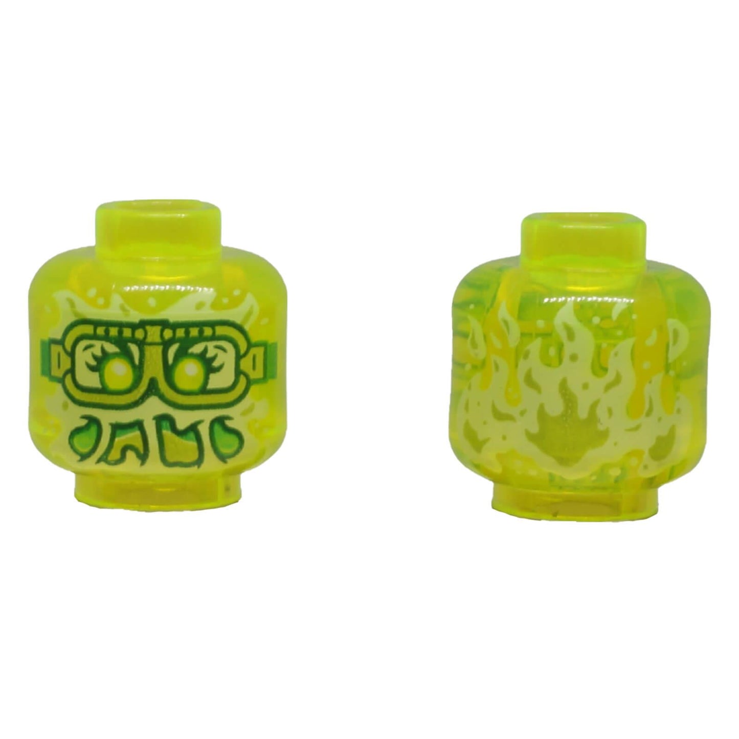LEGO® translucent yellowish green ghost minifigure head with goggles, slime mouth and spectral flame reverse print.
