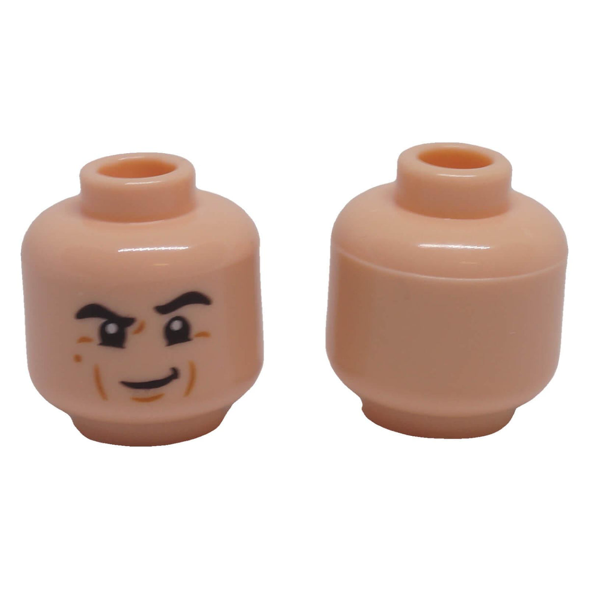 LEGO® 3626pb3411 light nougat minifigure head with black eyebrows, raised left eyebrow, medium nougat cheek lines, chin dimple and smile