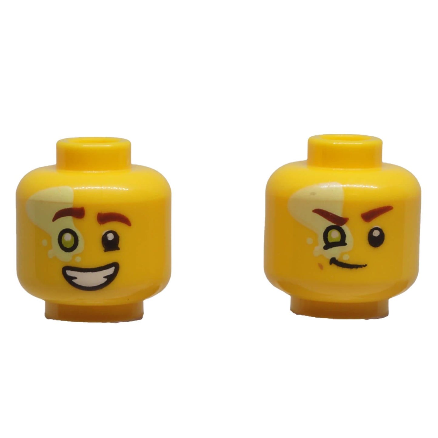 LEGO dual-sided minifigure head 3626pb3431 with lime eye, smirk and smiling expression
