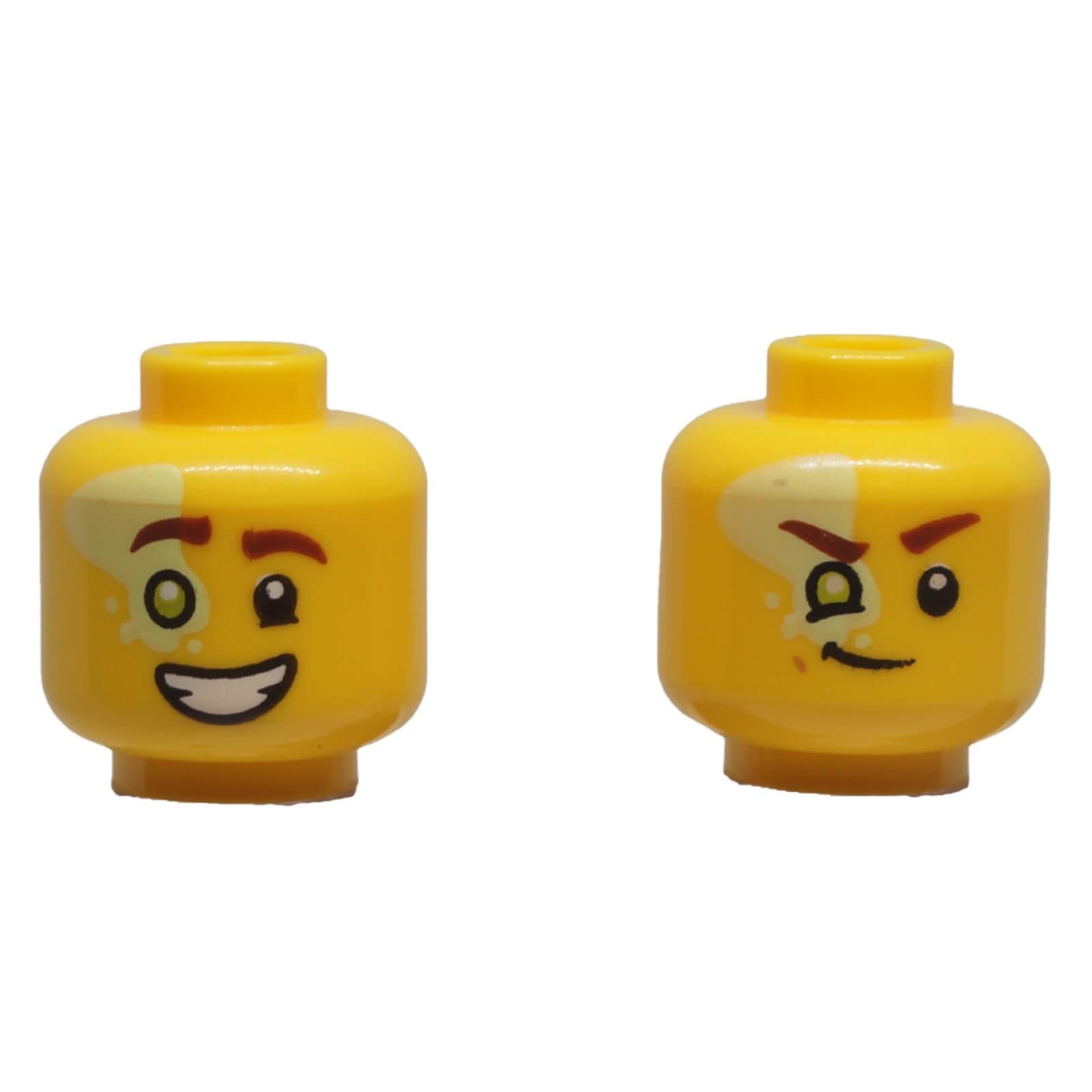 LEGO dual-sided minifigure head 3626pb3431 with lime eye, smirk and smiling expression
