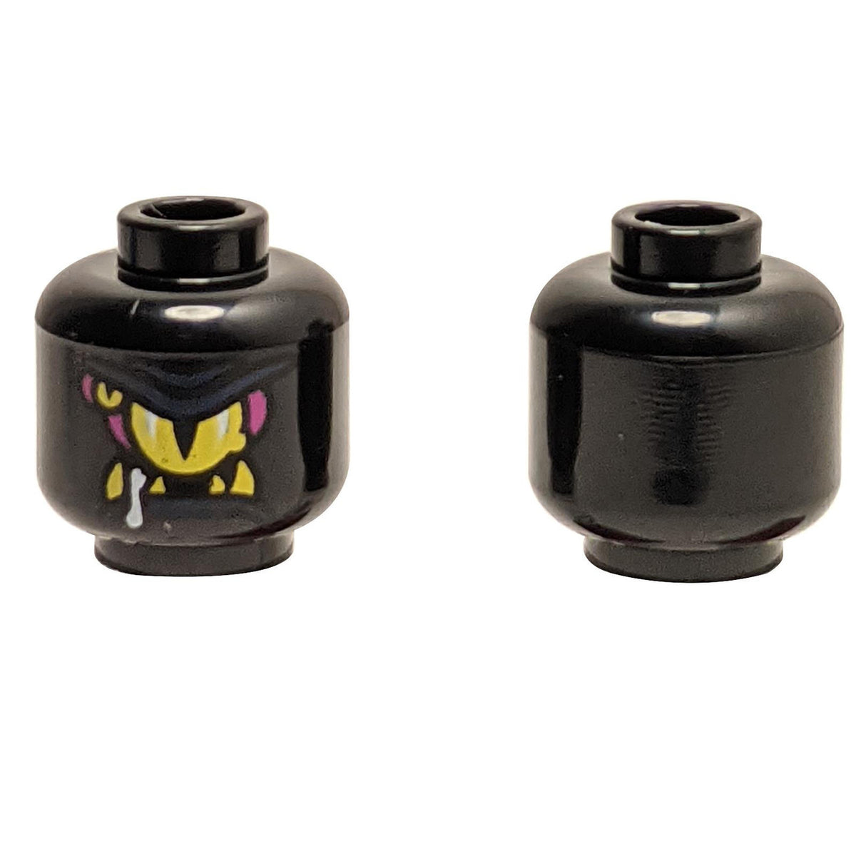 Black LEGO minifigure head 28621pb0202 with vicious face, front and back.