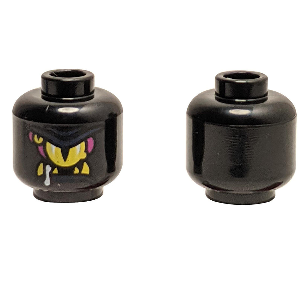 Black LEGO minifigure head 28621pb0202 with vicious face, front and back.