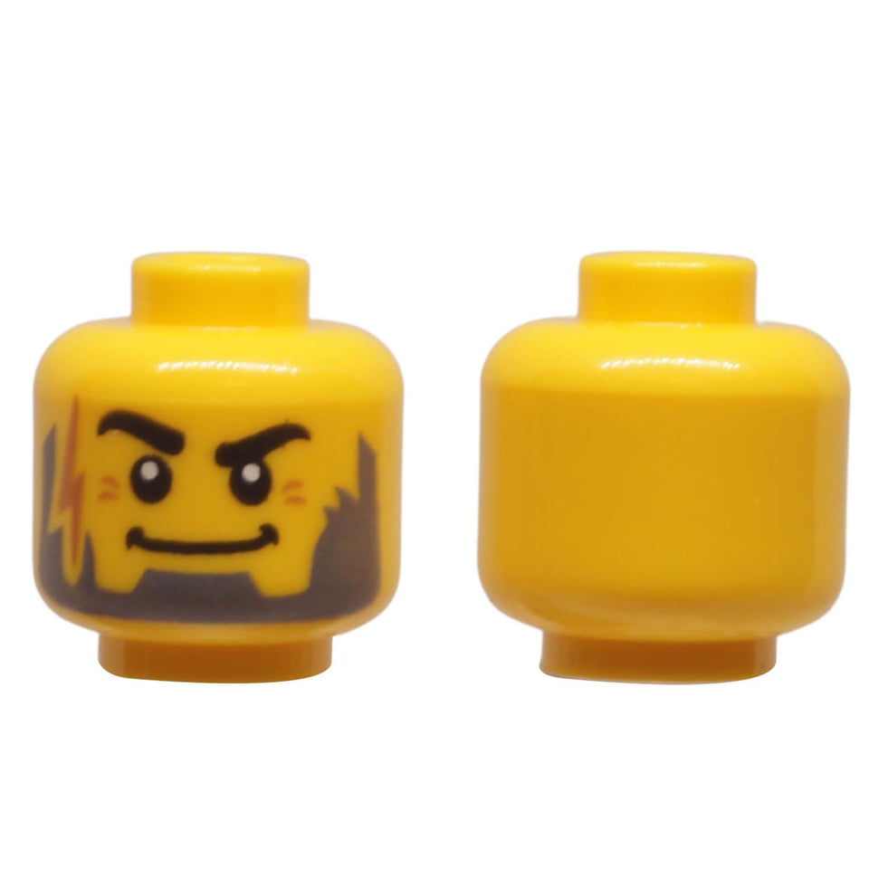 LEGO minifigure head with thick black eyebrows, dark bluish gray beard, lightning bolt scar and flat grin print