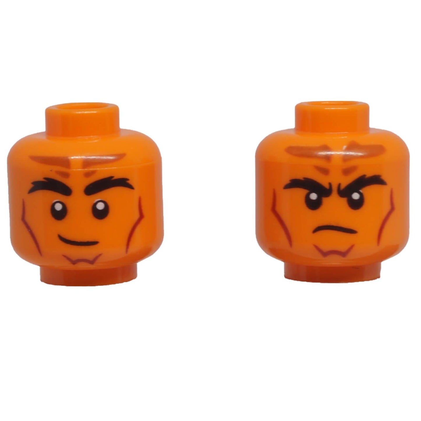 LEGO® dual-sided minifigure head with bushy eyebrows, forehead markings, grin and frown expressions.