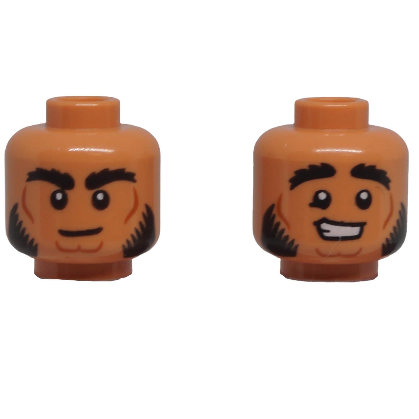 LEGO® dual-sided minifigure head with bushy eyebrows, sideburns, neutral expression and smiling face.