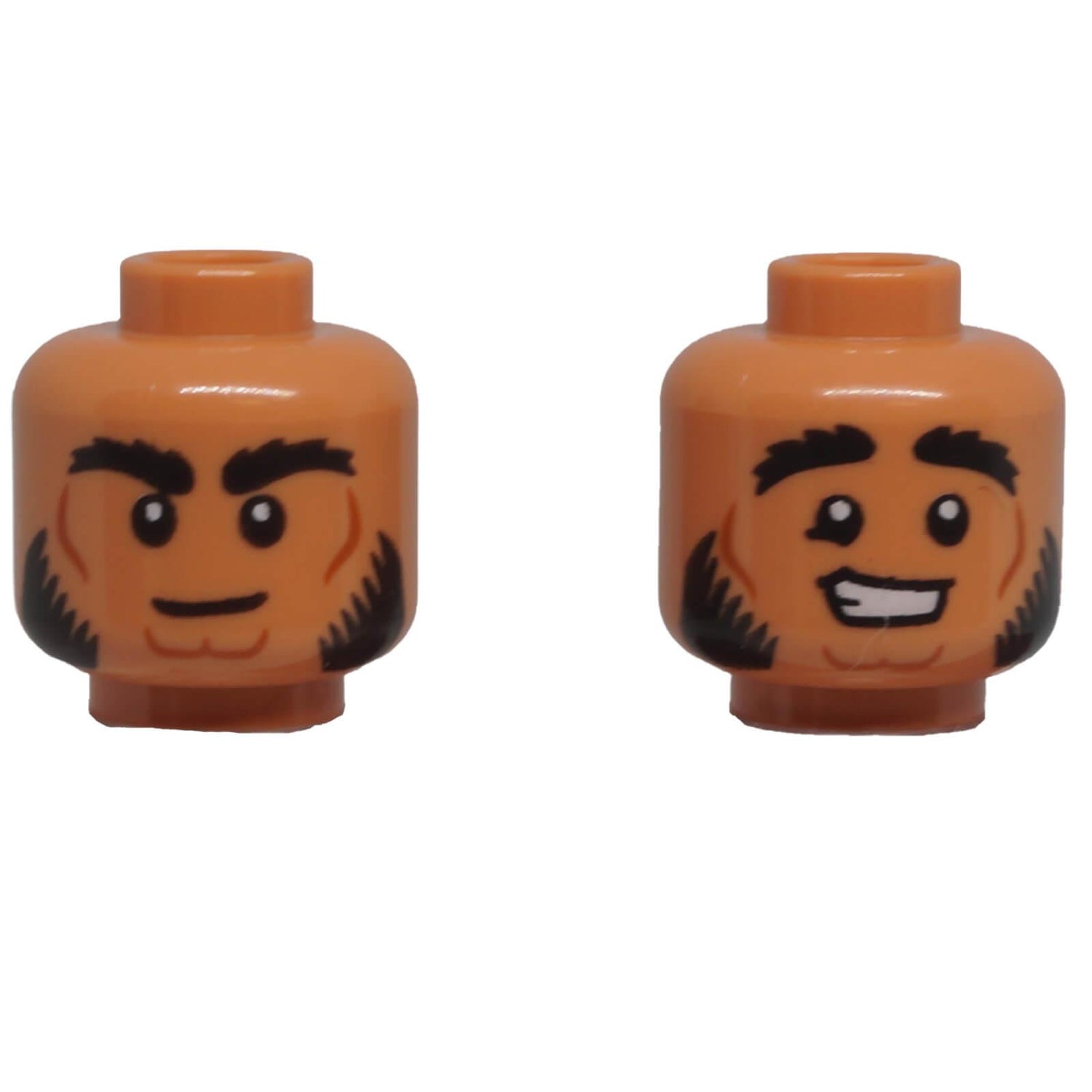 LEGO® dual-sided minifigure head with bushy eyebrows, sideburns, neutral expression and smiling face.