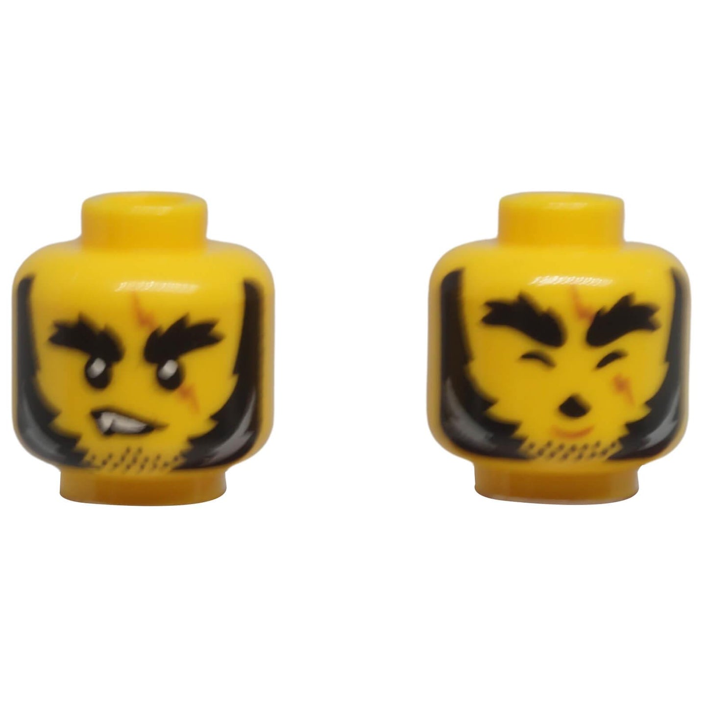 LEGO® dual-sided minifigure head with bushy eyebrows, mutton chops, scar, fang grin and howling expression.