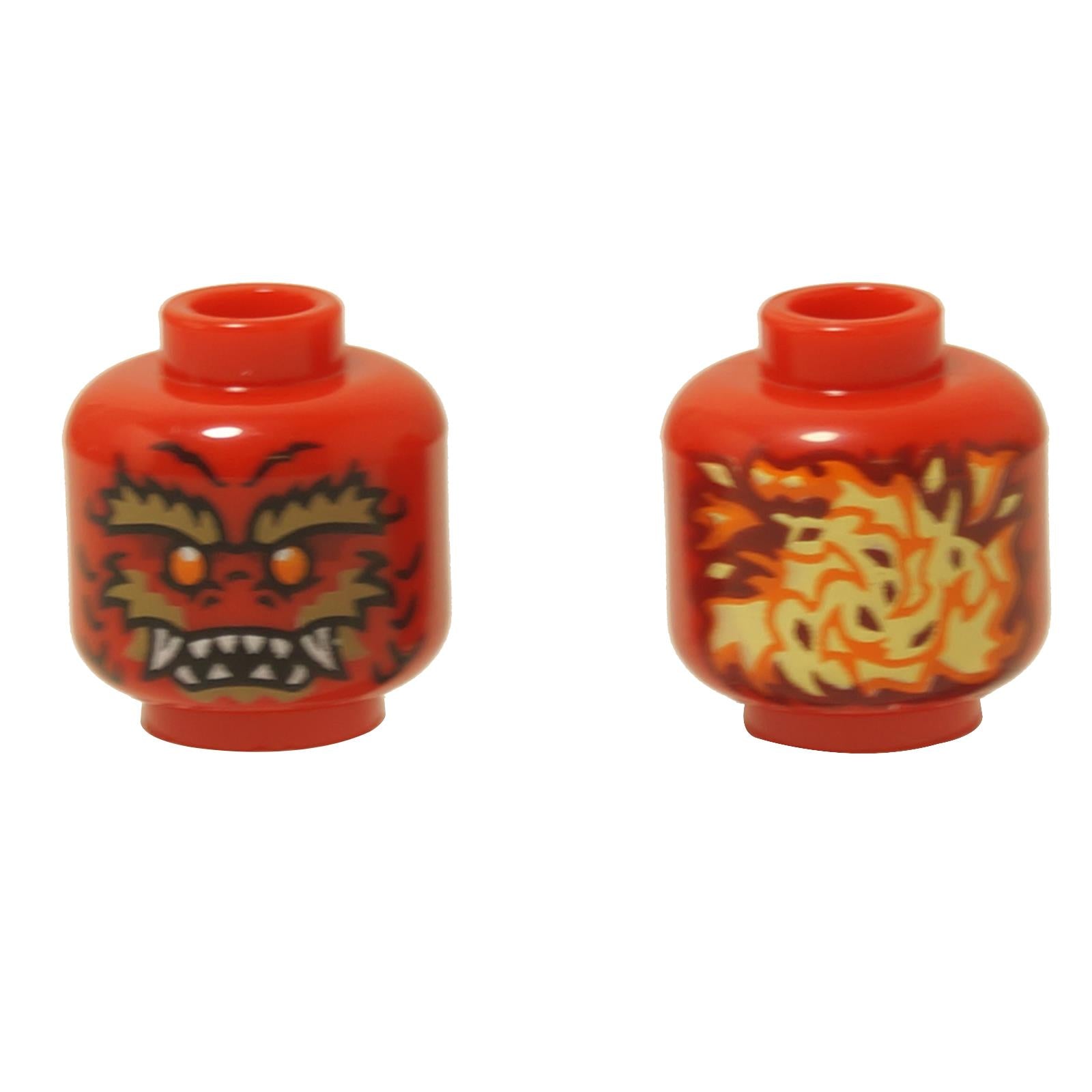 Red alien dragon minifigure head with fiery face print flames on back and sharp fangs
