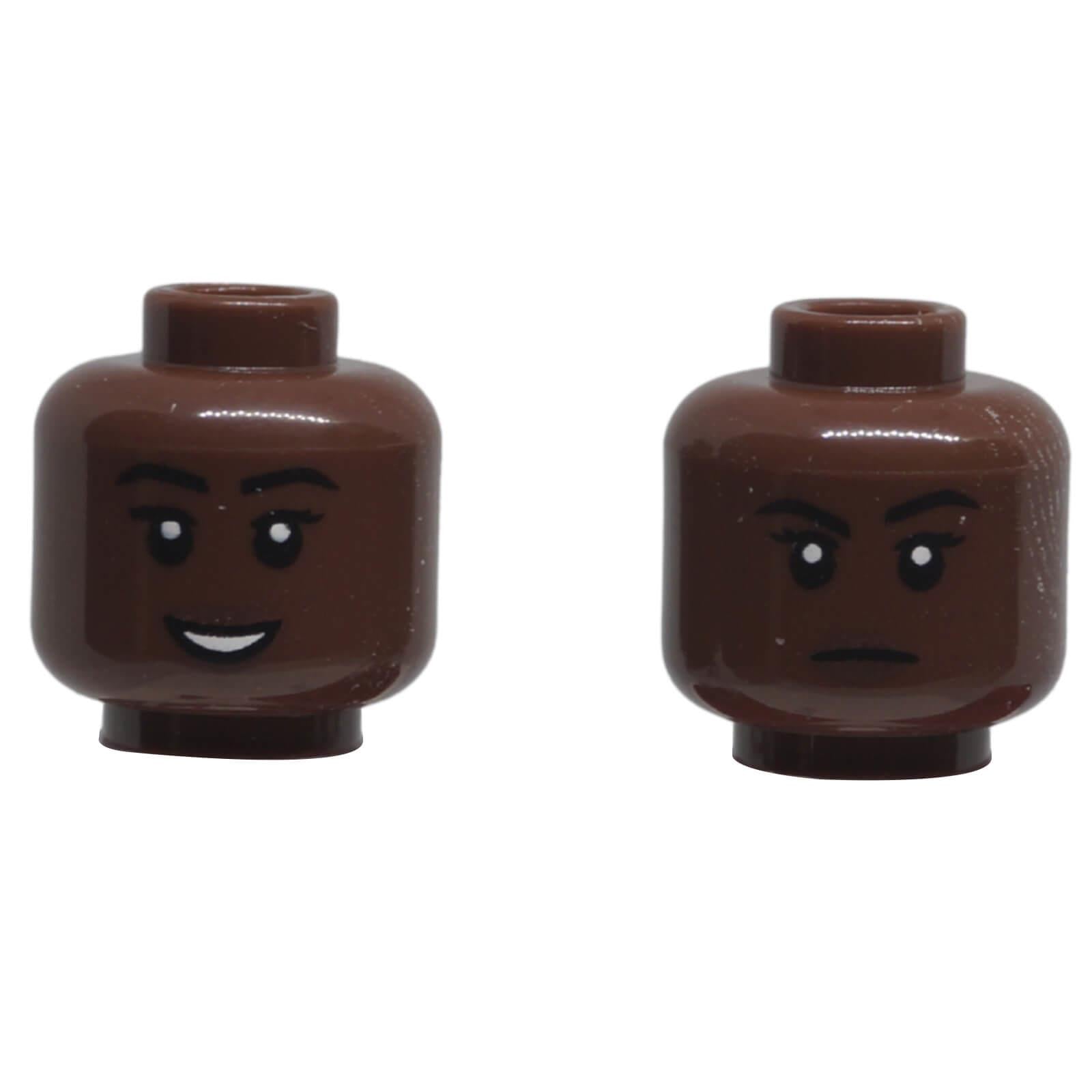 LEGO female dual-sided minifigure head 3626pb3868 with smiling and frowning expressions
