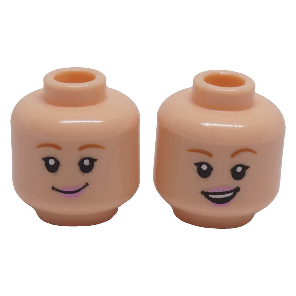 LEGO® 3626pb3906 medium nougat female minifigure head with pink lips and dual-sided smiling and grinning expressions