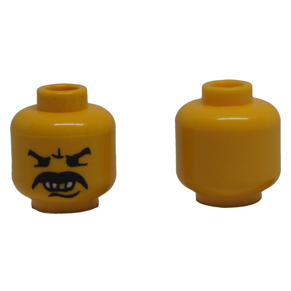 LEGO® 3626px29 yellow minifigure head with angry expression, black moustache, white teeth and gold tooth