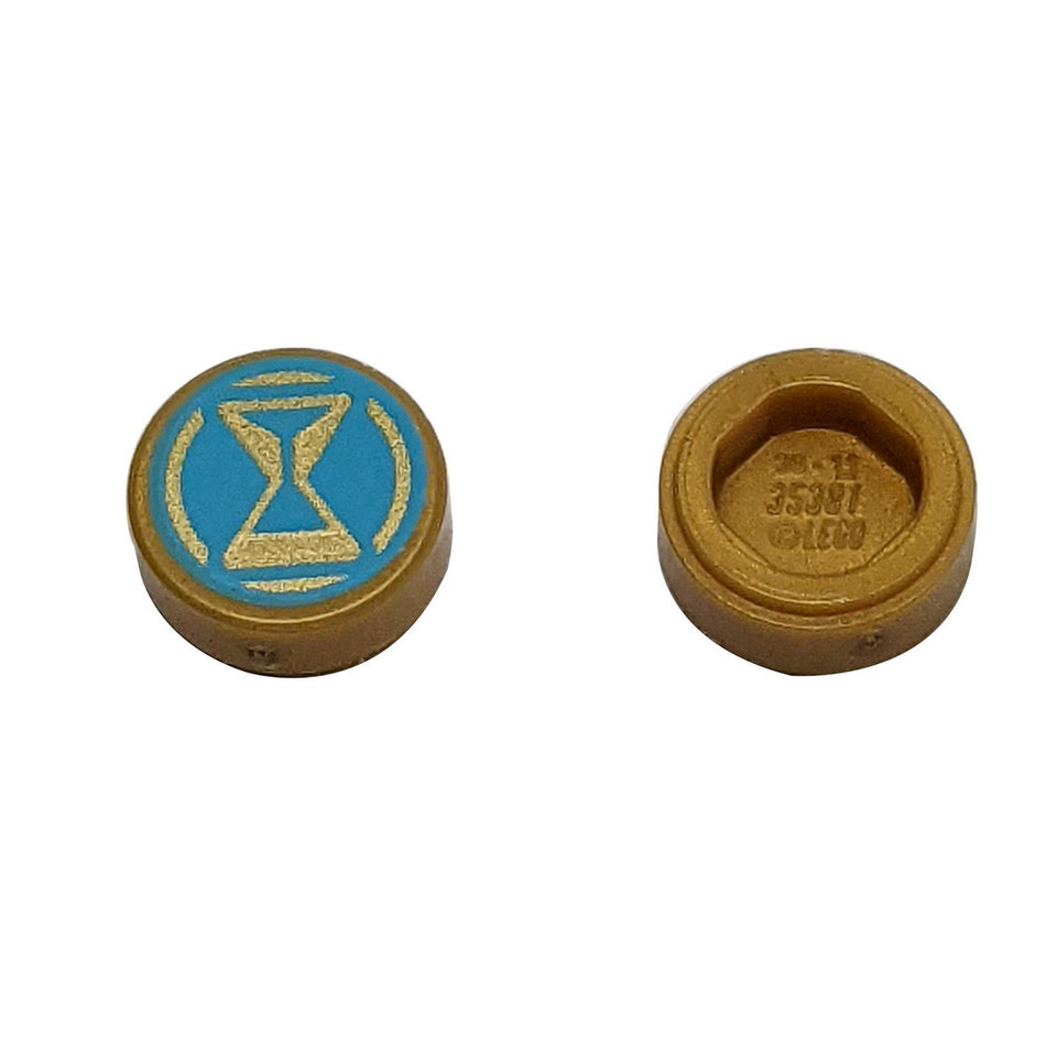 Tile, Round 1 x 1 con motivo a clessidra e cerchio in oro e azzurro medio 
