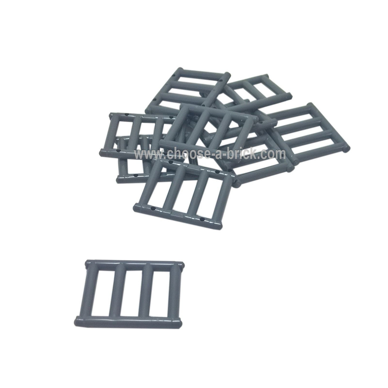 LEGO Bar 1 x 4 x 3 Grille, dark gray, pile and single piece view.
