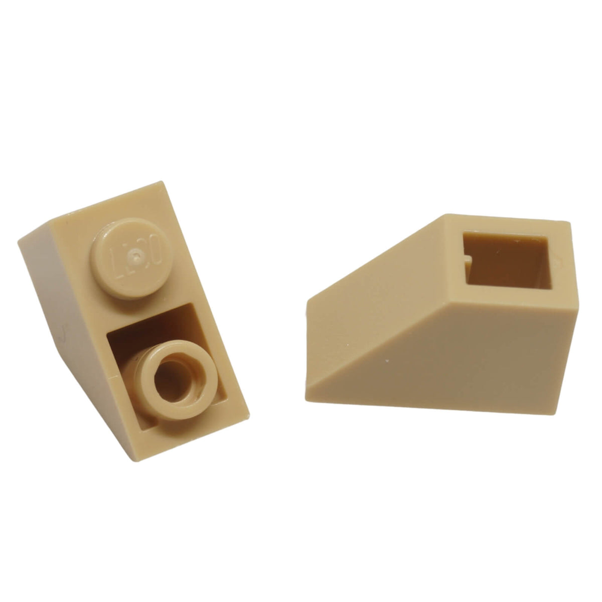 LEGO® inverted slope 45 degree 2x1 piece 3665 used for angled detailing and underside shaping, tan
