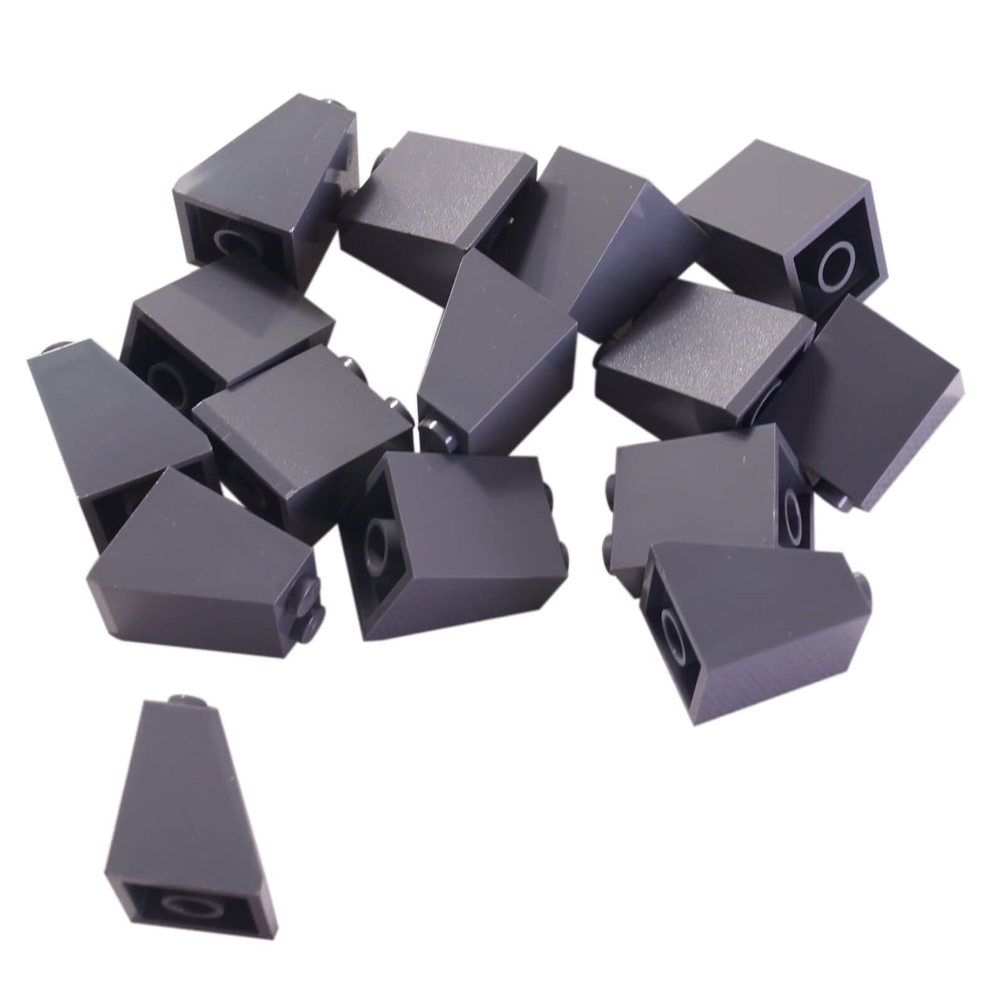 Dark bluish gray 2x2x2 slope 65 brick with bottom tube, steep angled roof style building piece
