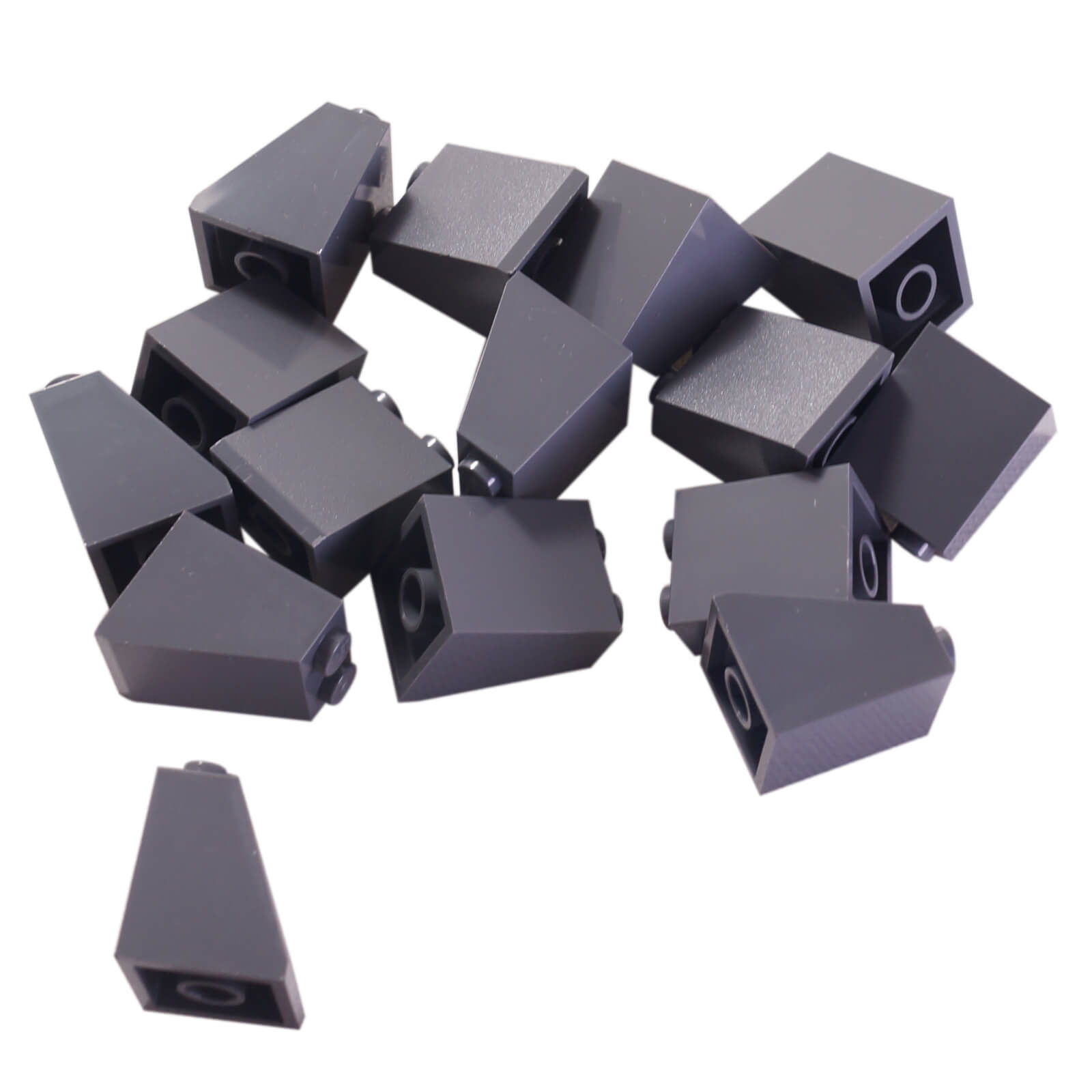 Dark bluish gray 2x2x2 slope 65 brick with bottom tube, steep angled roof style building piece
