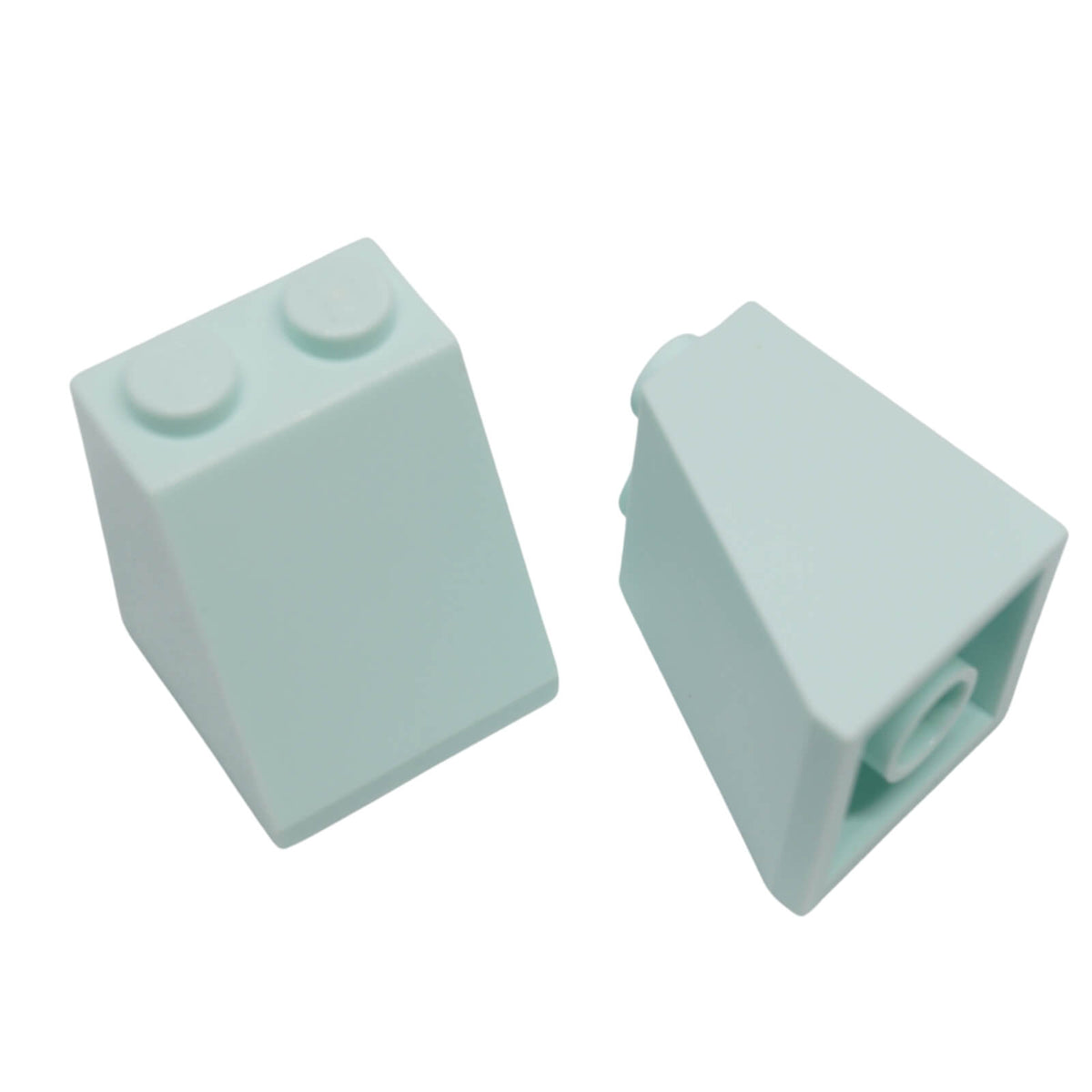 Light aqua 2x2x2 slope 65 brick with bottom tube, steep angled roof style building piece
