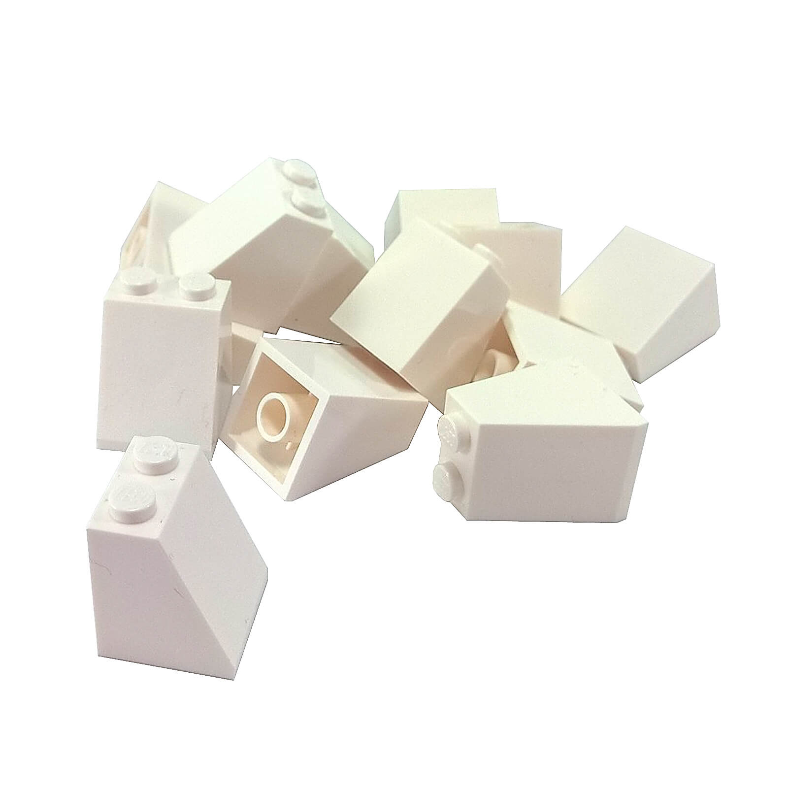 White 2x2x2 slope 65 brick with bottom tube, steep angled roof style building piece
